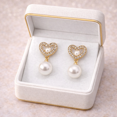 BaeBox Gold Heart Pearl Drop Earrings with Crystal Stones | Premium Party Wear