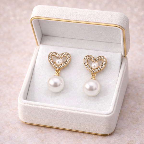 BaeBox Gold Heart Pearl Drop Earrings with Crystal Stones | Premium Party Wear