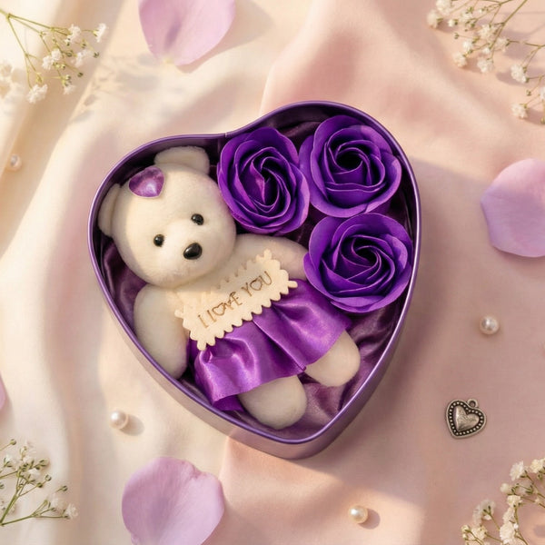 Baebox Confession of Love Soap Flower Gift Box with Roses & Teddy | Purple Heart Box