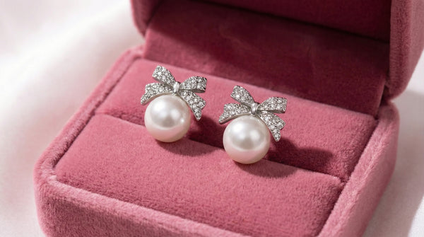 Baebox Korean Bow Pearl Stud Earrings for Women & Girls | Elegant Pearl Tops