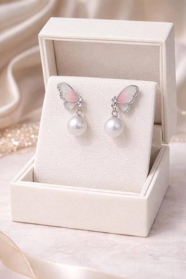 BaeBox Butterfly Pearl Drop Earrings with Crystal Shine | Cute Premium Party Wear