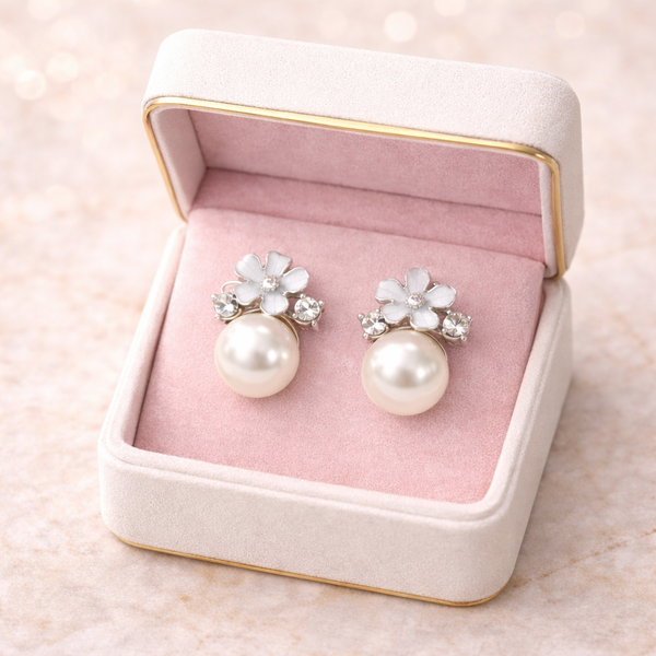BaeBox Floral Pearl Stud Earrings with Crystal Shine | Premium Cute Party Wear